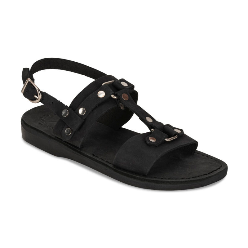 aurome Black Nubuck Leather Riveted Comfort Sandal