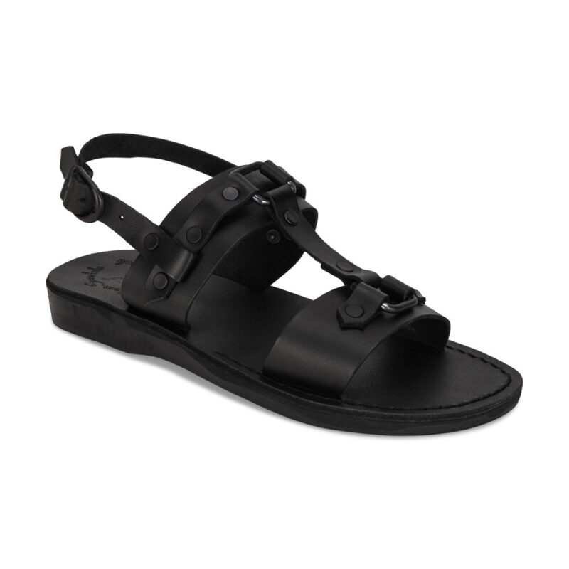aurome Black Leather Riveted Comfort Sandal