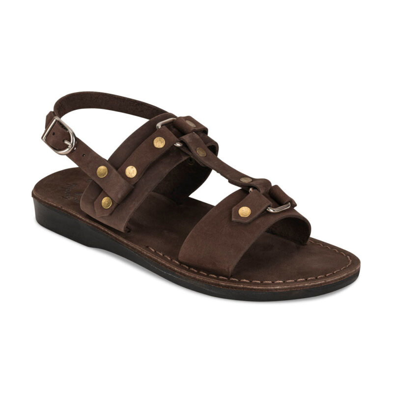 aurome Brown Nubuck Leather Riveted Comfort Sandal