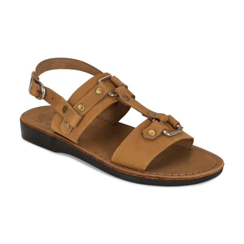 aurome Tan Nubuck Leather Riveted Comfort Sandal