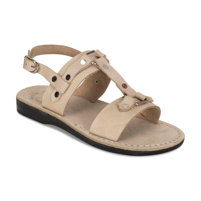 aurome White Nubuck Leather Riveted Comfort Sandal