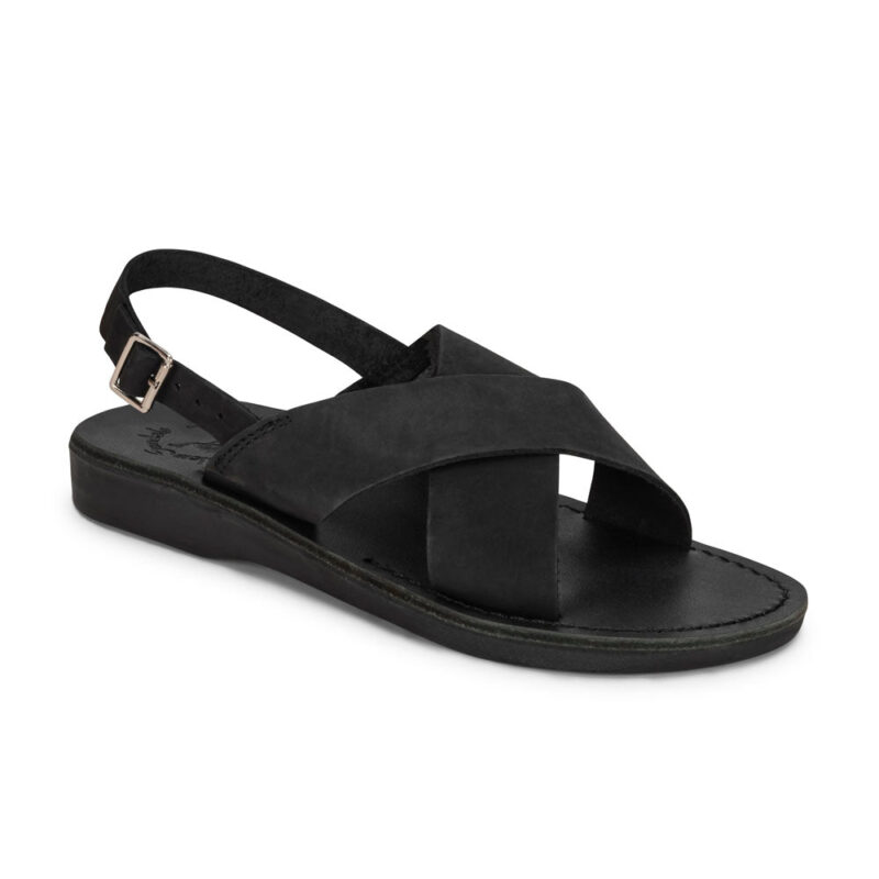 aurome Black Nubuck Leather Sandal with Thick Strap and Buckle