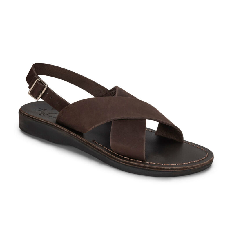 aurome Brown Nubuck Leather Sandal with Thick Strap and Buckle