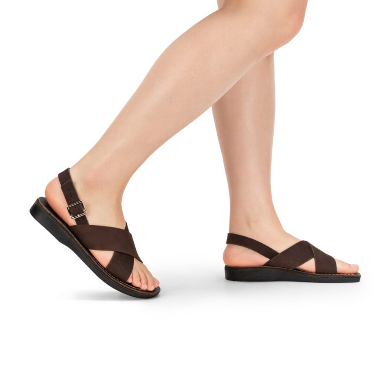 aurome Brown Nubuck Leather Sandal with Thick Strap and Buckle - Image 2