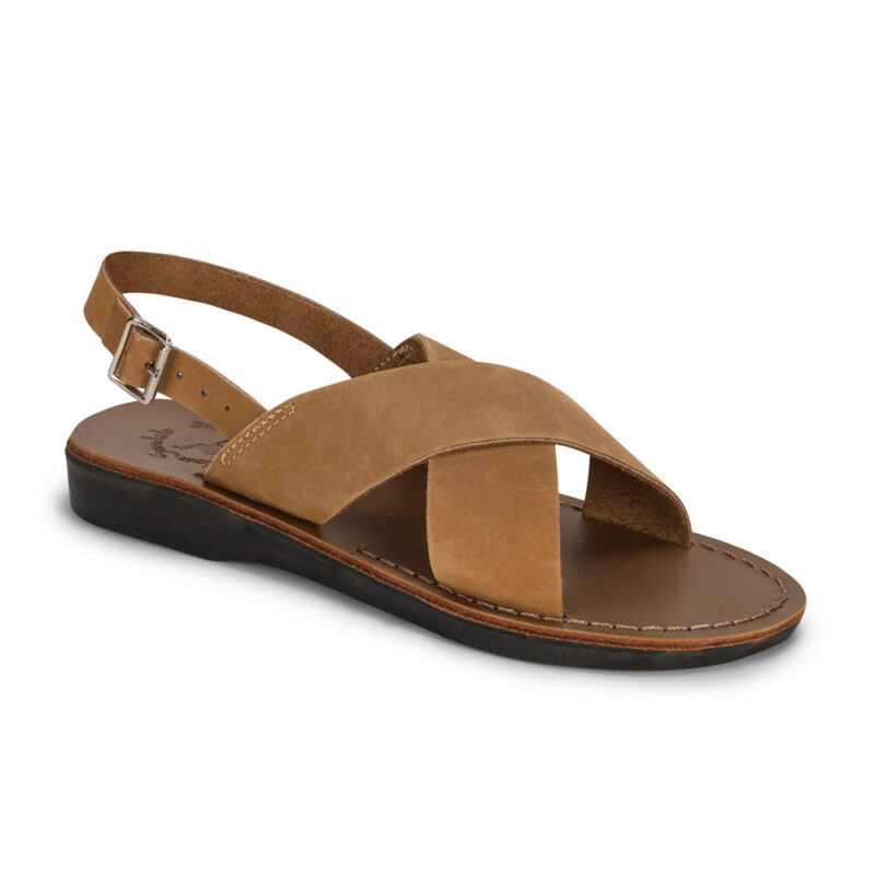 aurome Tan Nubuck Leather Sandal with Thick Strap and Buckle