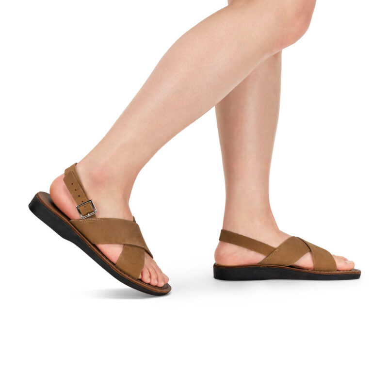 aurome Tan Nubuck Leather Sandal with Thick Strap and Buckle - Image 2