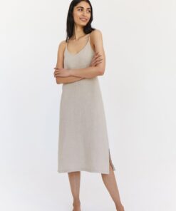 Oatmeal 100% French Flax Linen Midi Dress
