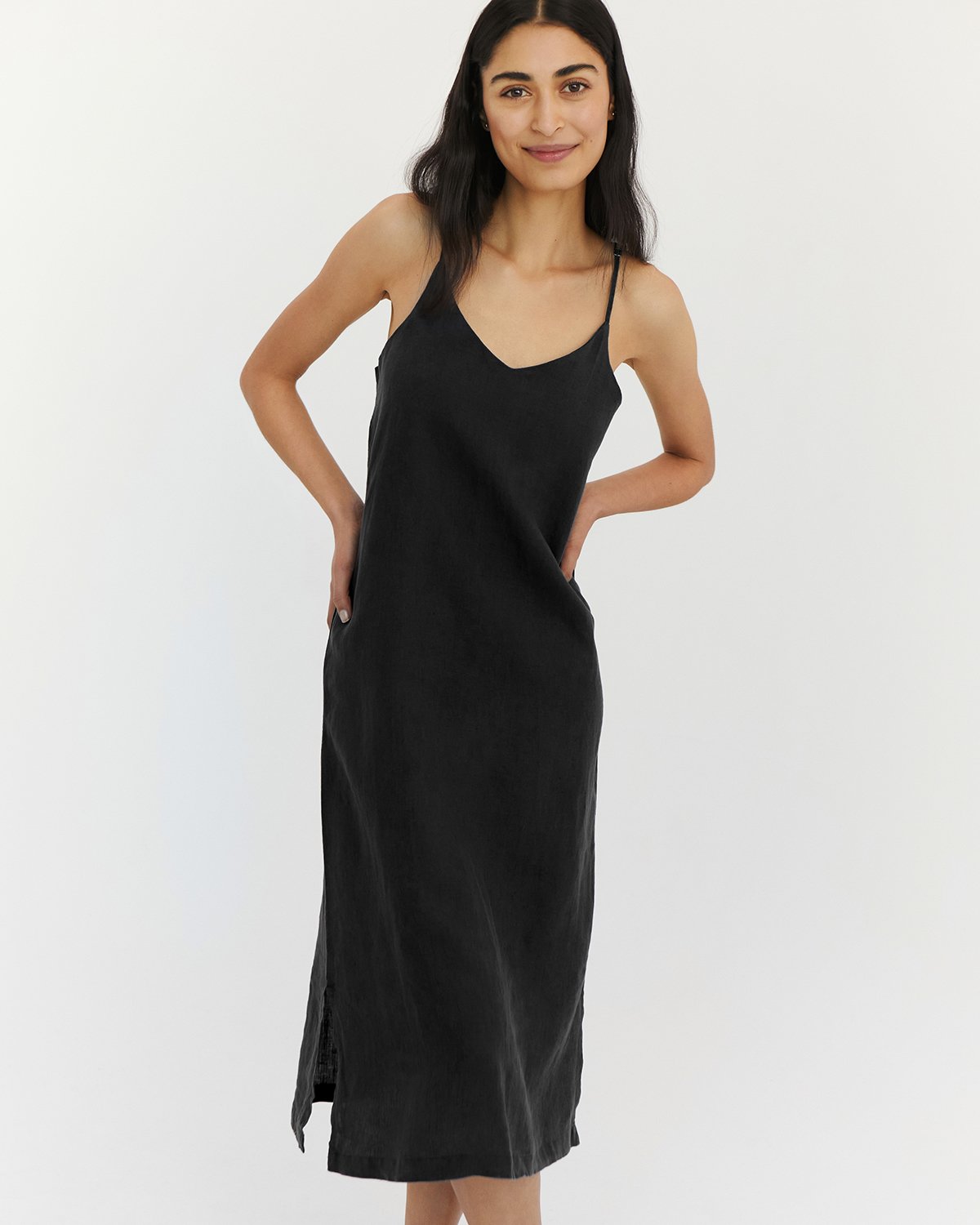 Charcoal 100% French Flax Linen Midi Dress - Image 3