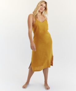 Turmeric 100% French Flax Linen Midi Dress