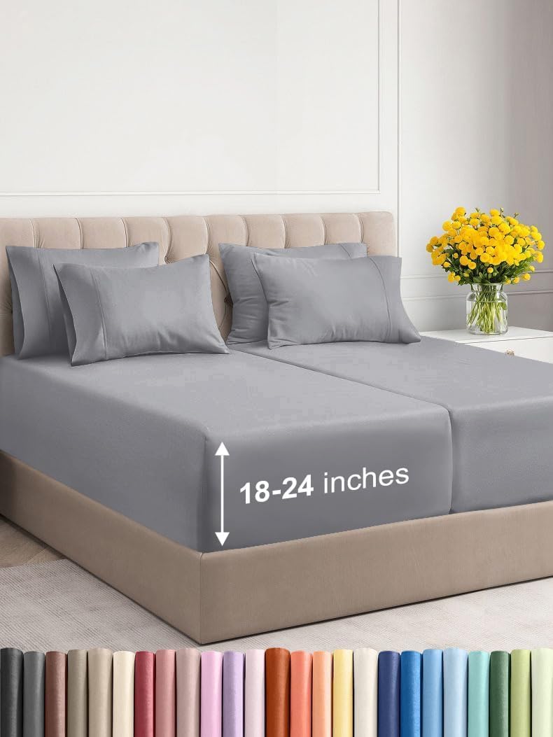 Extra Deep Cal King Sheet Set - 6 Piece Breathable & Cooling Sheets - Hotel Luxury Bed Sheets Set - Easy & Secure Fit - Soft, Wrinkle Free & Comfy Sheets Set - Grey Sheet Set with Extra Deep Pockets - Image 102