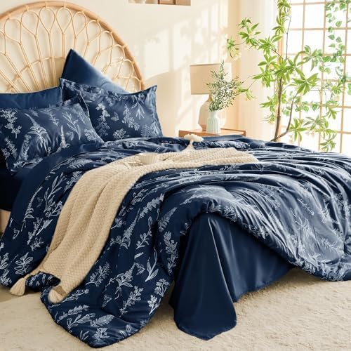 MUXHOMO Navy Blue Bed in a Bag Queen 7 Pieces, Queen Comforter Set Reversible Botanical Flowers Design, Ultra Soft & Breathable Bedding Sets with Comforter, Sheets, Pillowcases & Shams - Image 2