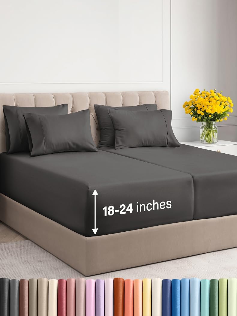 Extra Deep Cal King Sheet Set - 6 Piece Breathable & Cooling Sheets - Hotel Luxury Bed Sheets Set - Easy & Secure Fit - Soft, Wrinkle Free & Comfy Sheets Set - Grey Sheet Set with Extra Deep Pockets - Image 105