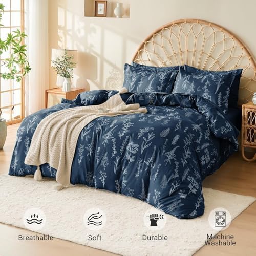 MUXHOMO Navy Blue Bed in a Bag Queen 7 Pieces, Queen Comforter Set Reversible Botanical Flowers Design, Ultra Soft & Breathable Bedding Sets with Comforter, Sheets, Pillowcases & Shams - Image 3