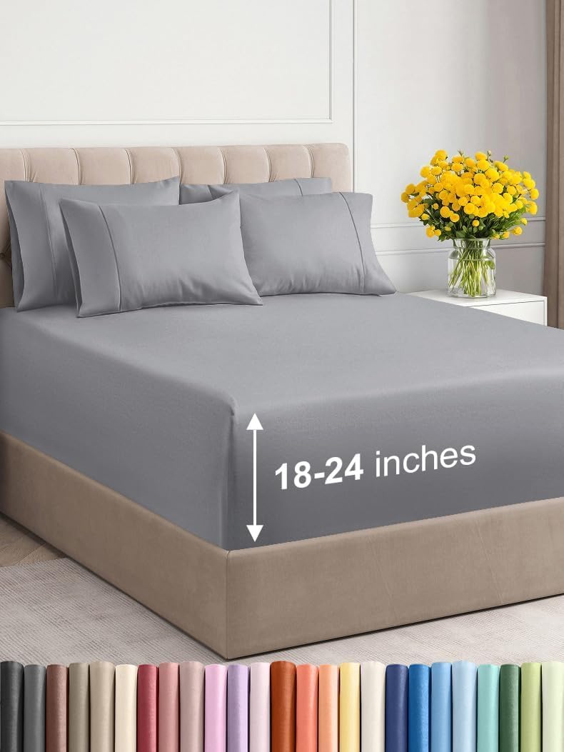 Extra Deep Cal King Sheet Set - 6 Piece Breathable & Cooling Sheets - Hotel Luxury Bed Sheets Set - Easy & Secure Fit - Soft, Wrinkle Free & Comfy Sheets Set - Grey Sheet Set with Extra Deep Pockets - Image 57