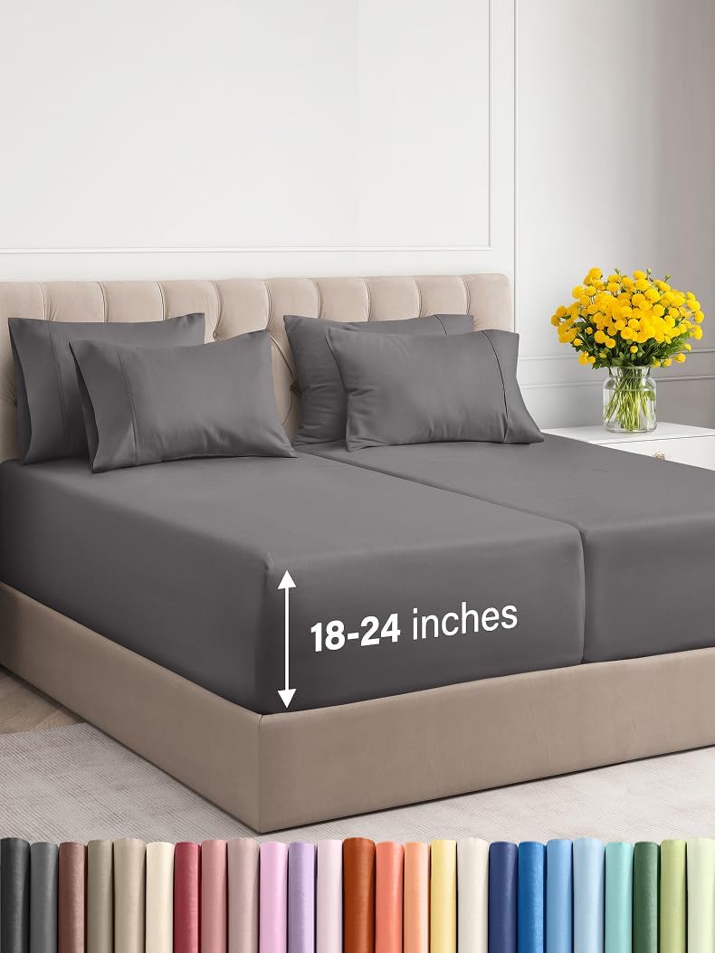 Extra Deep Cal King Sheet Set - 6 Piece Breathable & Cooling Sheets - Hotel Luxury Bed Sheets Set - Easy & Secure Fit - Soft, Wrinkle Free & Comfy Sheets Set - Grey Sheet Set with Extra Deep Pockets - Image 104