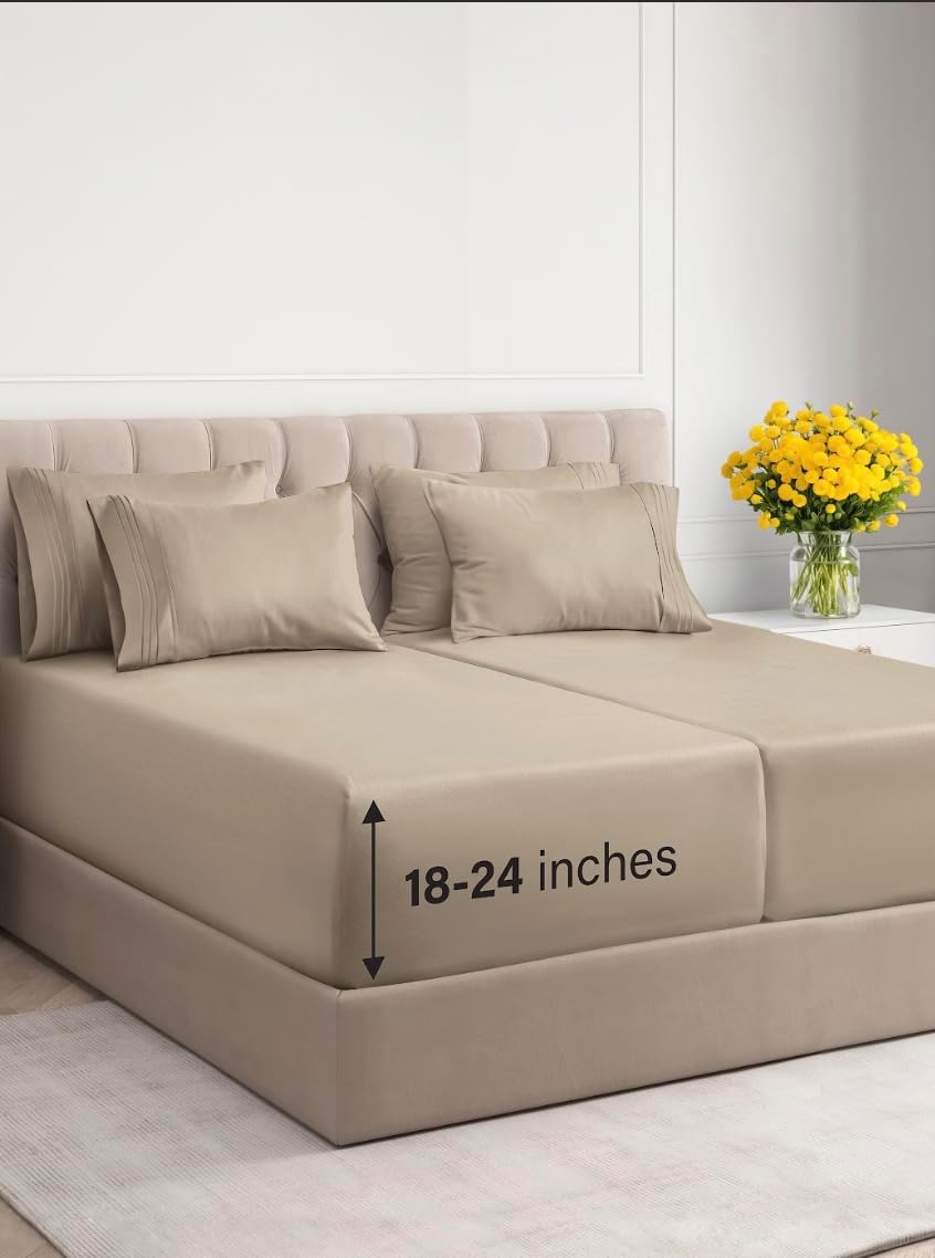 Extra Deep Cal King Sheet Set - 6 Piece Breathable & Cooling Sheets - Hotel Luxury Bed Sheets Set - Easy & Secure Fit - Soft, Wrinkle Free & Comfy Sheets Set - Grey Sheet Set with Extra Deep Pockets - Image 107