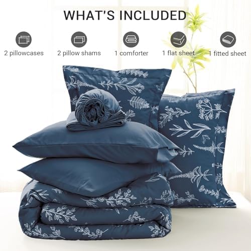 MUXHOMO Navy Blue Bed in a Bag Queen 7 Pieces, Queen Comforter Set Reversible Botanical Flowers Design, Ultra Soft & Breathable Bedding Sets with Comforter, Sheets, Pillowcases & Shams - Image 5
