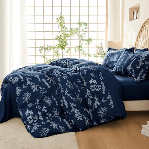 MUXHOMO Navy Blue Bed in a Bag Queen 7 Pieces, Queen Comforter Set Reversible Botanical Flowers Design, Ultra Soft & Breathable Bedding Sets with Comforter, Sheets, Pillowcases & Shams - Image 4