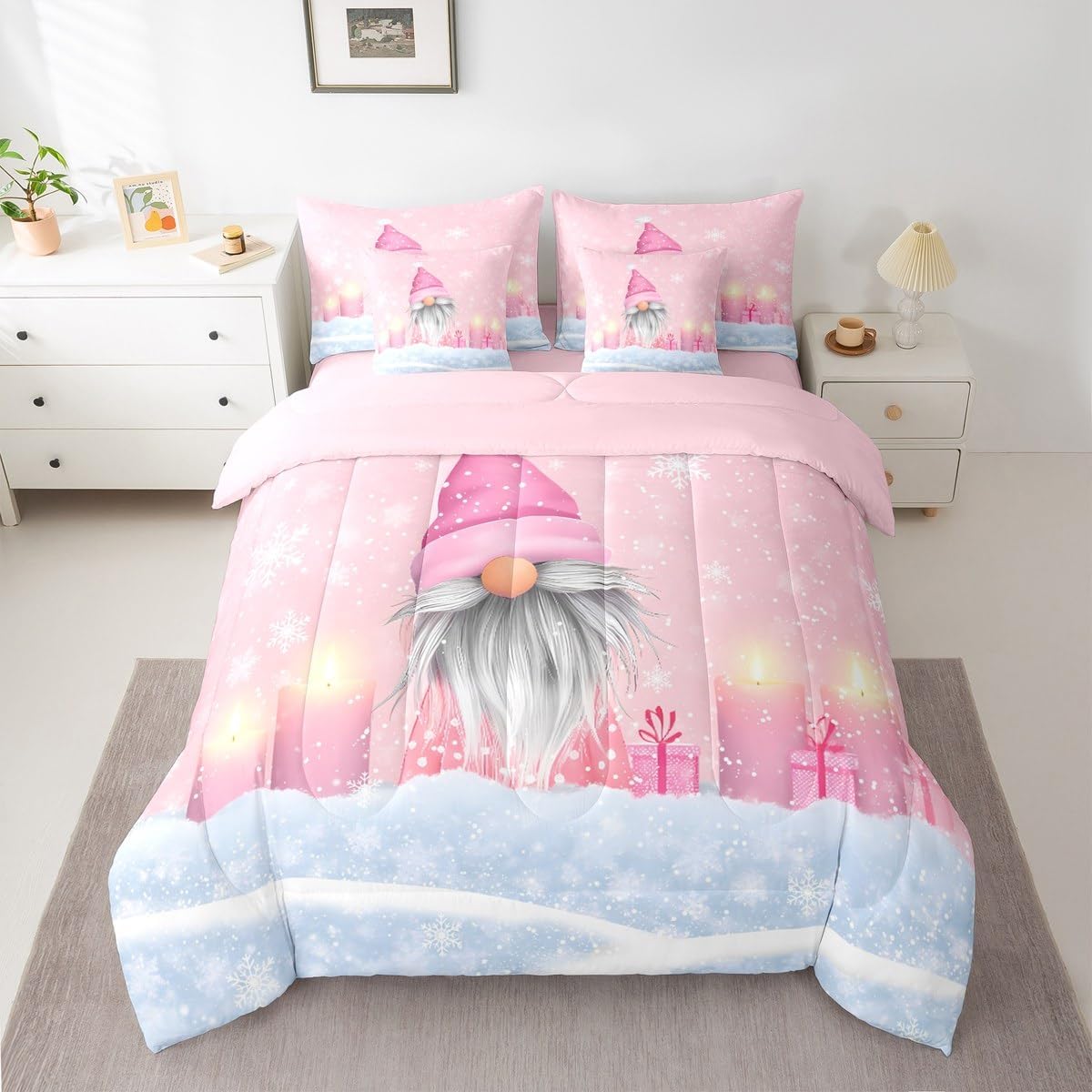 Pink Christmas 7 Piece Bedding Set Full Size Merry Christmas Snowman Bed in a Bag for Boys Girls Bedroom Decor Santa Claus Comforter Set with Sheets,Pillowcases & Cushion Cover Soft Xmas Tree Deer - Image 30