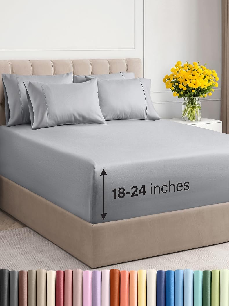 Extra Deep Cal King Sheet Set - 6 Piece Breathable & Cooling Sheets - Hotel Luxury Bed Sheets Set - Easy & Secure Fit - Soft, Wrinkle Free & Comfy Sheets Set - Grey Sheet Set with Extra Deep Pockets - Image 97