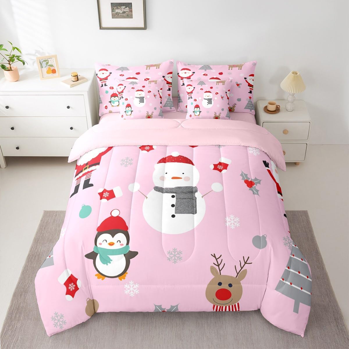 Pink Christmas 7 Piece Bedding Set Full Size Merry Christmas Snowman Bed in a Bag for Boys Girls Bedroom Decor Santa Claus Comforter Set with Sheets,Pillowcases & Cushion Cover Soft Xmas Tree Deer - Image 37