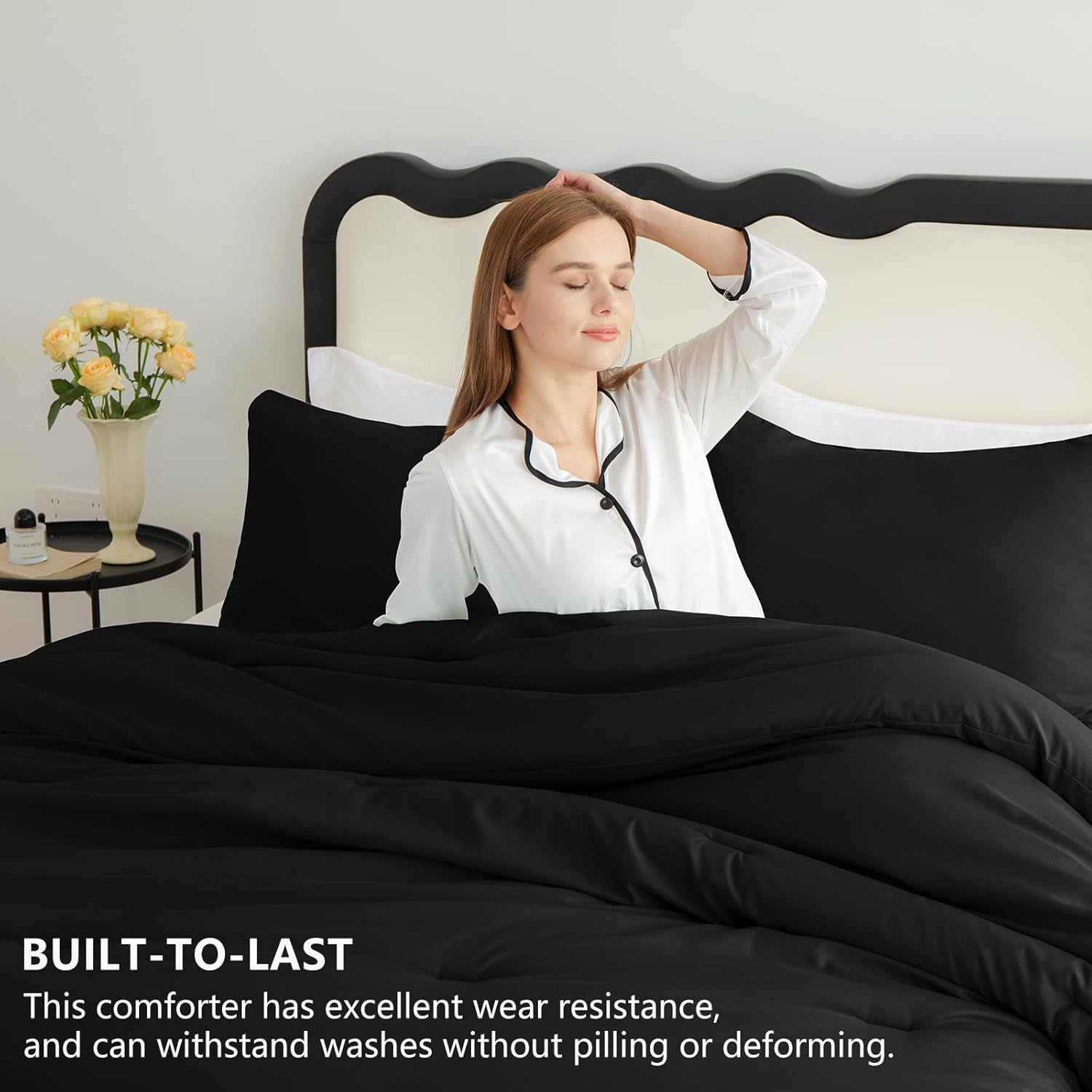 CozyLux Queen Comforter Set Black, 3 Pieces Solid Queen Comforter Breathable Quilted Style Bedding Sets, Luxury Soft Microfiber Down Alternative Comforter for All Season (1 Comforter & 2 Pillowcases) - Image 2