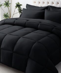 JOLLYVOGUE Full Comforter Set, Ultra-Soft Bed in a Bag Full Size 7 Pieces, Oeko-TEX Certified Bedding Set with Down Alternative Comforter, Sheets, Pillowcases & Shams, Black