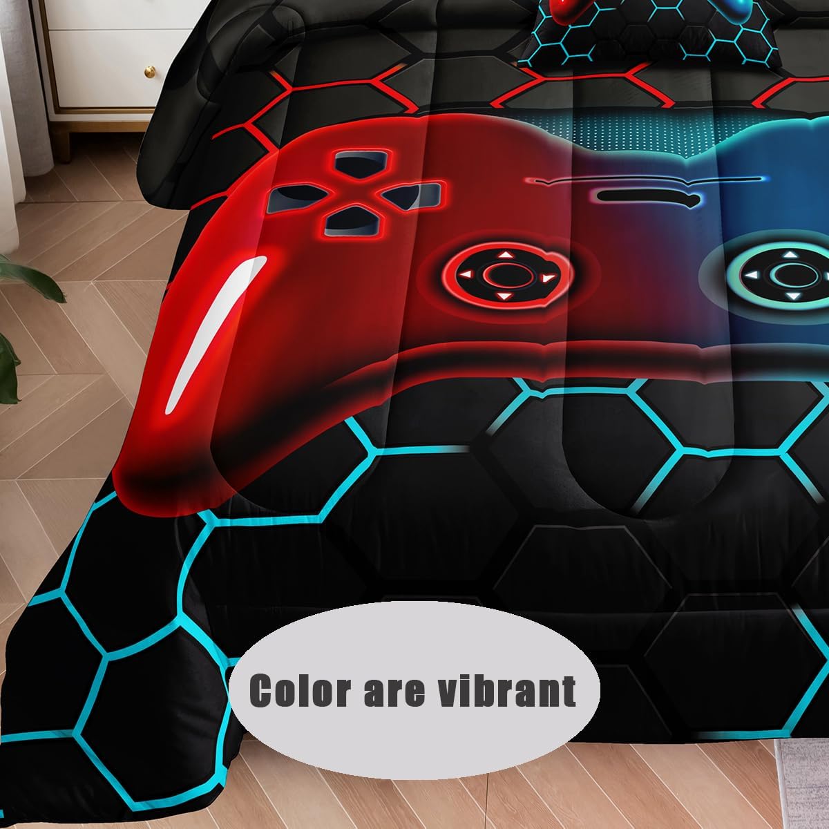 6 Pieces Bed in a Bag for Boys Bedding Sets Queen Size,Gamer Comforter Sets for Boys Kids, Gaming Comforter Set for Teens Room Decor with Flat Sheet,Fitted Sheet,Pillowcase,Cushion Cover - Image 2