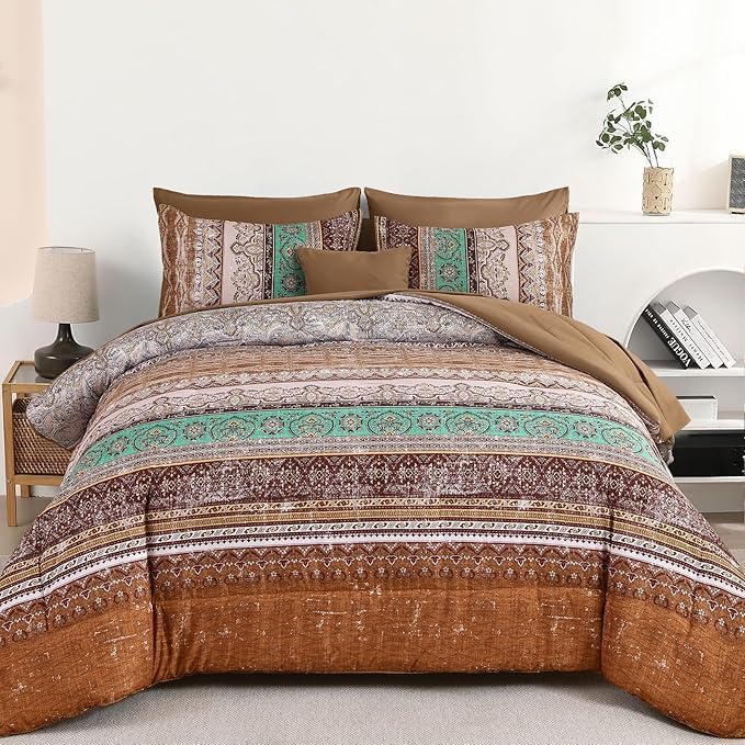 Cottolester Boho Comforter Set Full Size 8 Piece Bed in a Bag Bohemian Striped Bedding Quilt Set Aqua Paisley Floral Comforter and Sheet Set,Soft Microfiber Complete Bedding Sets for All Season - Image 7