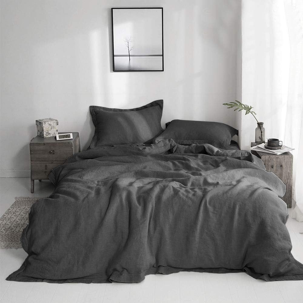 Simple&Opulence 100% Linen Duvet Cover Set with Embroidery Washed - 3 Pieces (1 Duvet Cover with 2 Pillow Shams) with Button Closure Soft Breathable Farmhouse - Linen, King Size - Image 7