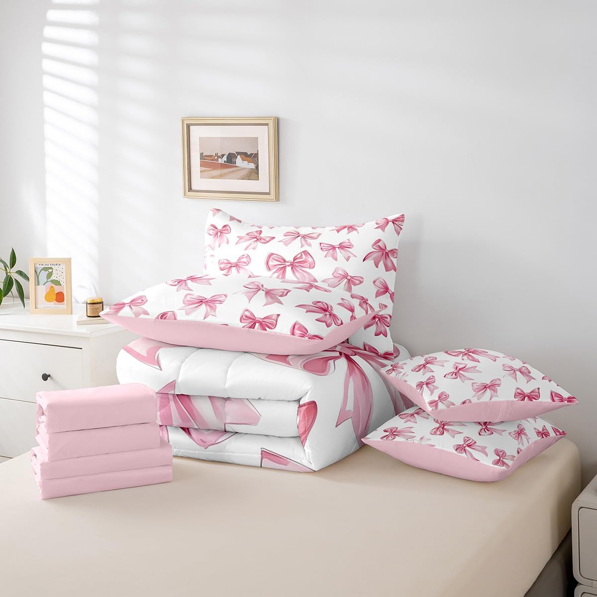 Erosebridal Kawaii Bowknot Girls Bed in A Bag with Sheets Dreamy Princess Style Twin Comforter Set 7 Piece for Kids Teen Women,Girly Cute Bow Bedding Set Pink Bow Tie Bed Set Bedroom Decor - Image 6
