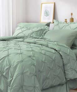 JOLLYVOGUE Queen Comforter Set 7 Pieces, Green Bed in a Bag Comforter Set for Bedroom, Bedding Comforter Sets with Comforter, Sheets,Ruffled Shams & Pillowcases