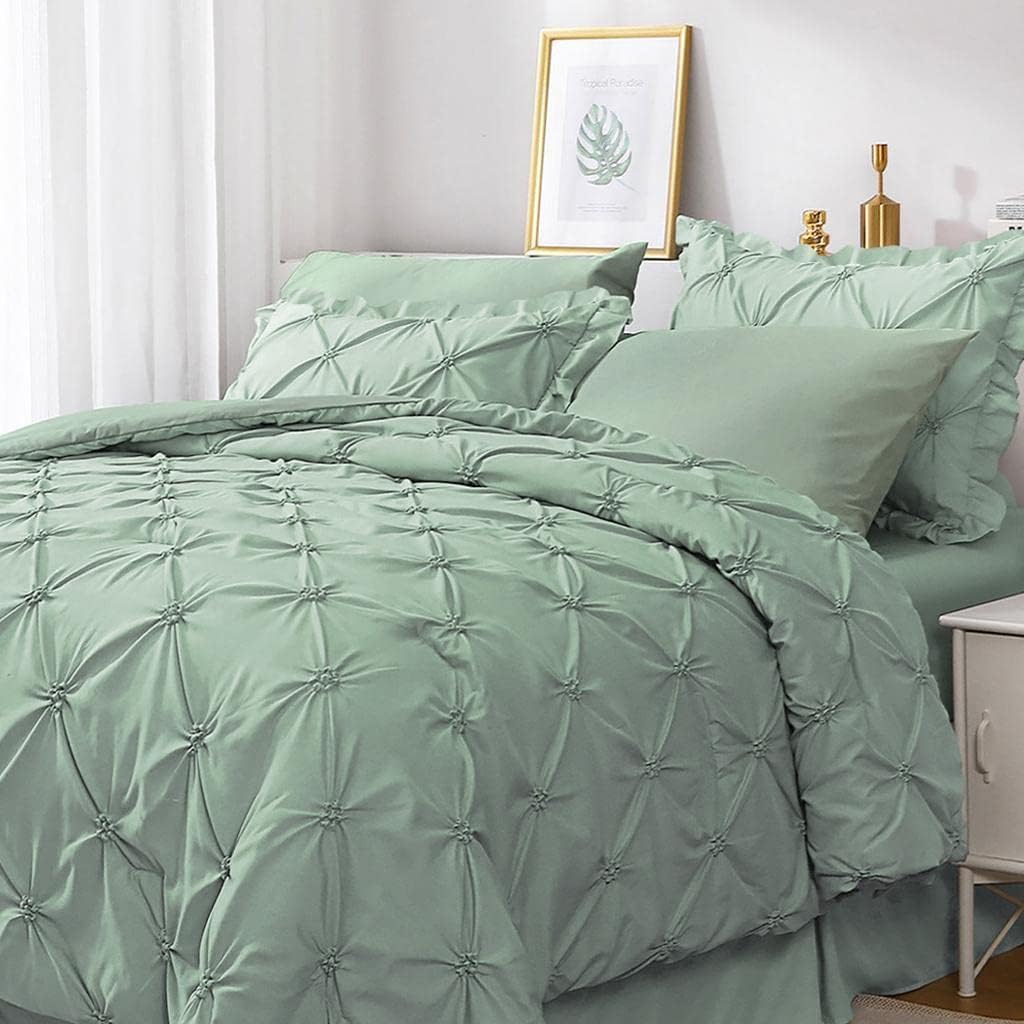 JOLLYVOGUE Queen Comforter Set 7 Pieces, Green Bed in a Bag Comforter Set for Bedroom, Bedding Comforter Sets with Comforter, Sheets,Ruffled Shams & Pillowcases