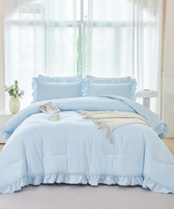 ANGIYUIN 5Pcs Queen Size Comforter Sets Light Blue Ruffle Bedding Sets Vintage Farmhouse Bed Sets Solid Elegance Boho Bed in A Bag for Girls Women(Light Blue Queen)