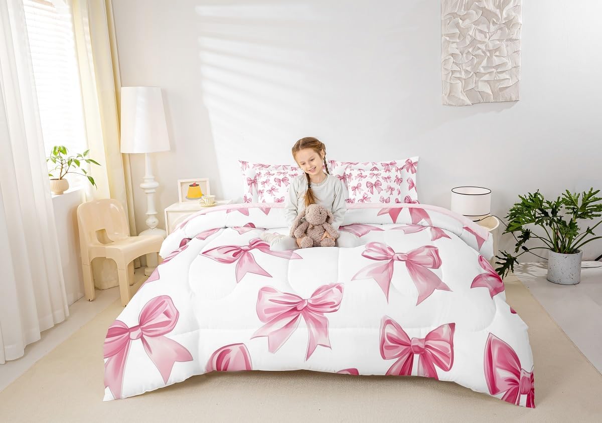 Erosebridal Kawaii Bowknot Girls Bed in A Bag with Sheets Dreamy Princess Style Twin Comforter Set 7 Piece for Kids Teen Women,Girly Cute Bow Bedding Set Pink Bow Tie Bed Set Bedroom Decor - Image 2