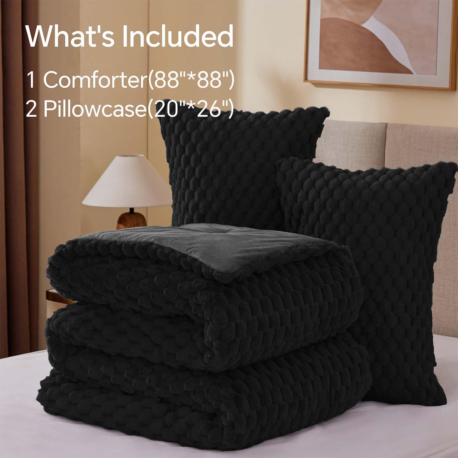 BEDELITE Fluffy Queen Comforter Set - Black Fleece Soft Comforter for Queen Size Bed, Luxury Warm Bedding Set for Winter, Fuzzy Bed Set 3 Pieces (1 Comforter, 2 Pillowcases) - Image 6