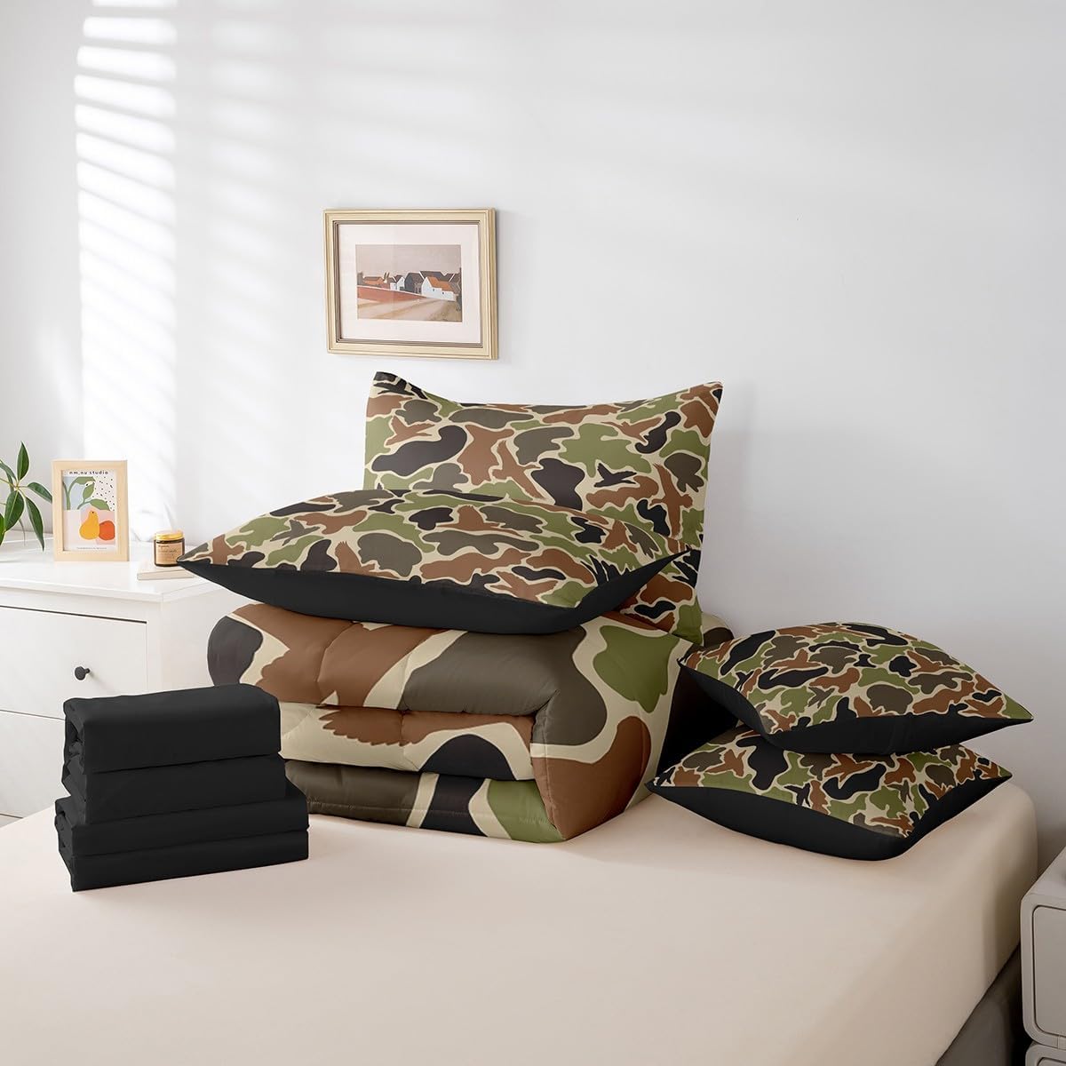 Feelyou Duck Hunter Green Camouflage Hunting 7 Pieces Bedding Set, Queen Size Black Brown All Season,Bed in a Bag with Comforter, Sheets, Pillowcases Camo Army Bed Set Breathable Wild Room Decor - Image 6