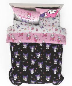 Franco Sanrio Kuromi & My Melody Bedding 7 Piece Super Soft Cozy Reversible Comforter and Sheet Set with Sham, Queen, (100% Official Licensed Product)