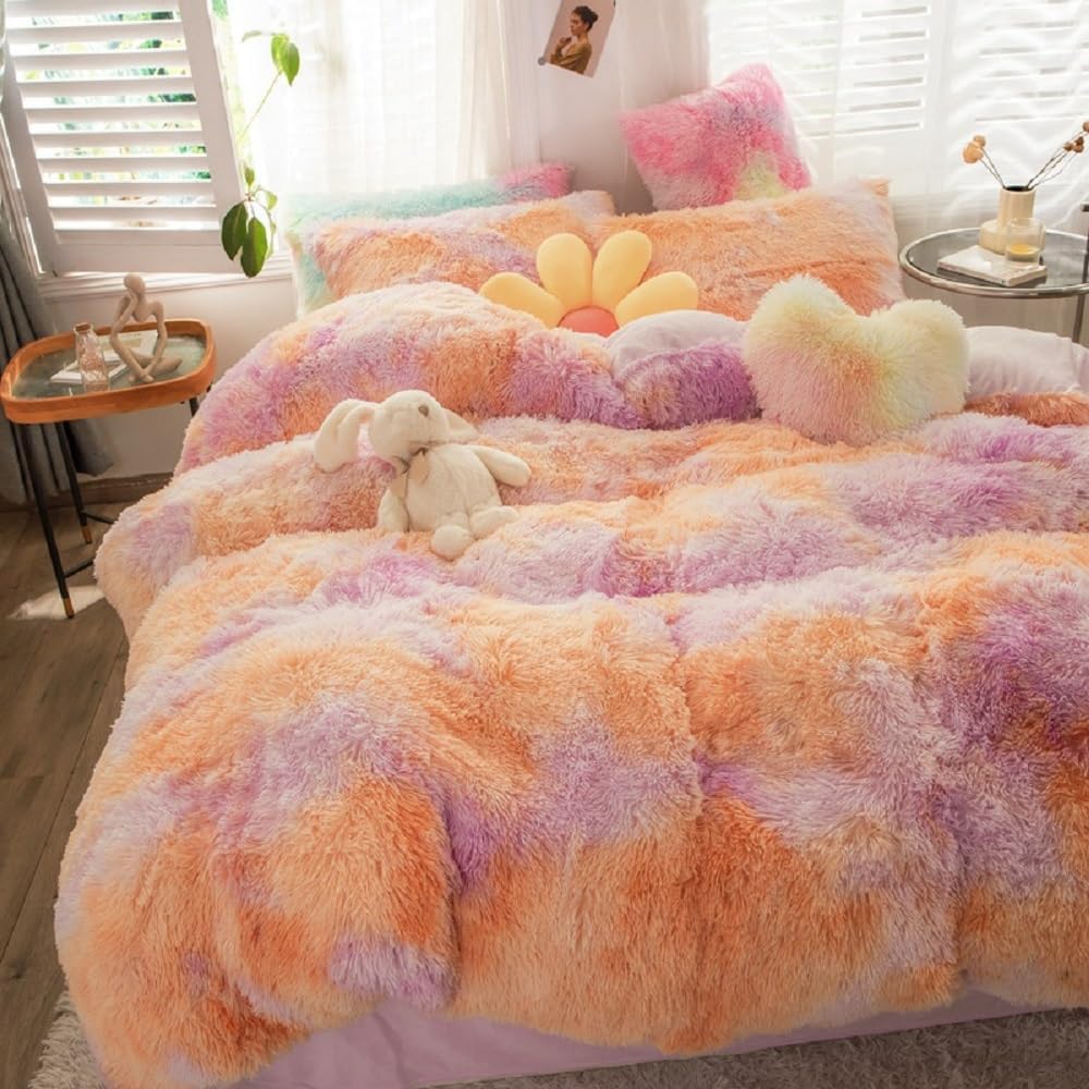 SUCSES Blue Purple Fluffy Twin Bedding Sets for Girls 3Pcs Faux Fur Plush Shaggy Kids Duvet Cover Set Twin Size Tie Dye Velvet Furry Comforter Cover Set - Image 12