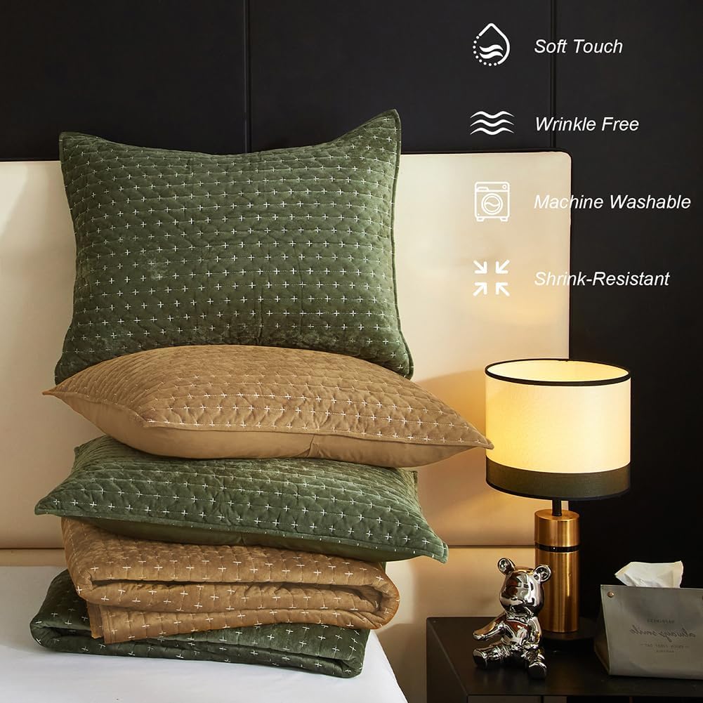 Powdion Velvet Quilt King Size,Bedspread Quilted Bedding Set,Luxurious Soft Coverlet Set Lightweight Velvet Comforter with Pillow Shams, Gold Caramel,96x106 Cross Stitch Striped Quilt Set - Image 3