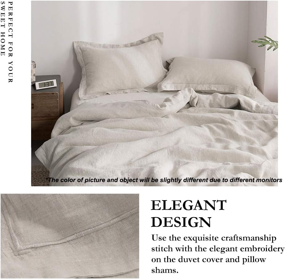 Simple&Opulence 100% Linen Duvet Cover Set with Embroidery Washed - 3 Pieces (1 Duvet Cover with 2 Pillow Shams) with Button Closure Soft Breathable Farmhouse - Linen, King Size - Image 2