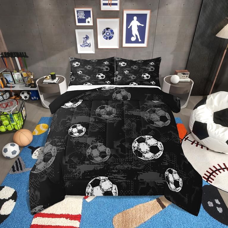 Erosebridal Soccer Comforter Twin Football Bedding Sets for Boys Teens Sport Themed Bedding Ball Gaming Duvet Insert Black Gray Grunge Room Decor 2pcs with 1 Pillow Case Lightweight Soft Bed Set