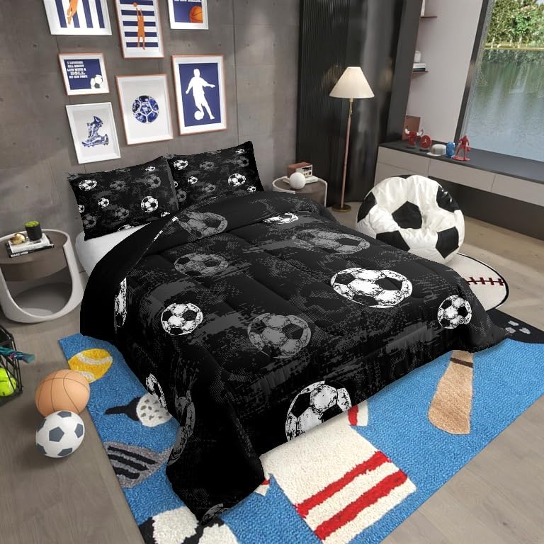 Erosebridal Soccer Comforter Twin Football Bedding Sets for Boys Teens Sport Themed Bedding Ball Gaming Duvet Insert Black Gray Grunge Room Decor 2pcs with 1 Pillow Case Lightweight Soft Bed Set - Image 2