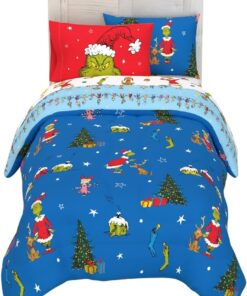 Franco Grinch by Dr. Seuss Holiday & Christmas Bedding Soft Comforter and Sheet Set with Sham, 5 Piece Twin Size, (Official Dr. Seuss Product)