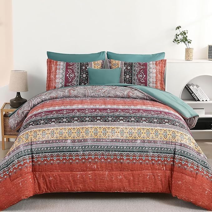 Cottolester Boho Comforter Set Full Size 8 Piece Bed in a Bag Bohemian Striped Bedding Quilt Set Aqua Paisley Floral Comforter and Sheet Set,Soft Microfiber Complete Bedding Sets for All Season - Image 14