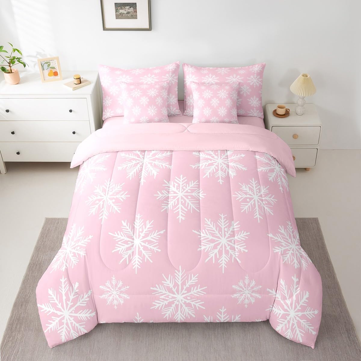 Pink Christmas 7 Piece Bedding Set Full Size Merry Christmas Snowman Bed in a Bag for Boys Girls Bedroom Decor Santa Claus Comforter Set with Sheets,Pillowcases & Cushion Cover Soft Xmas Tree Deer - Image 44