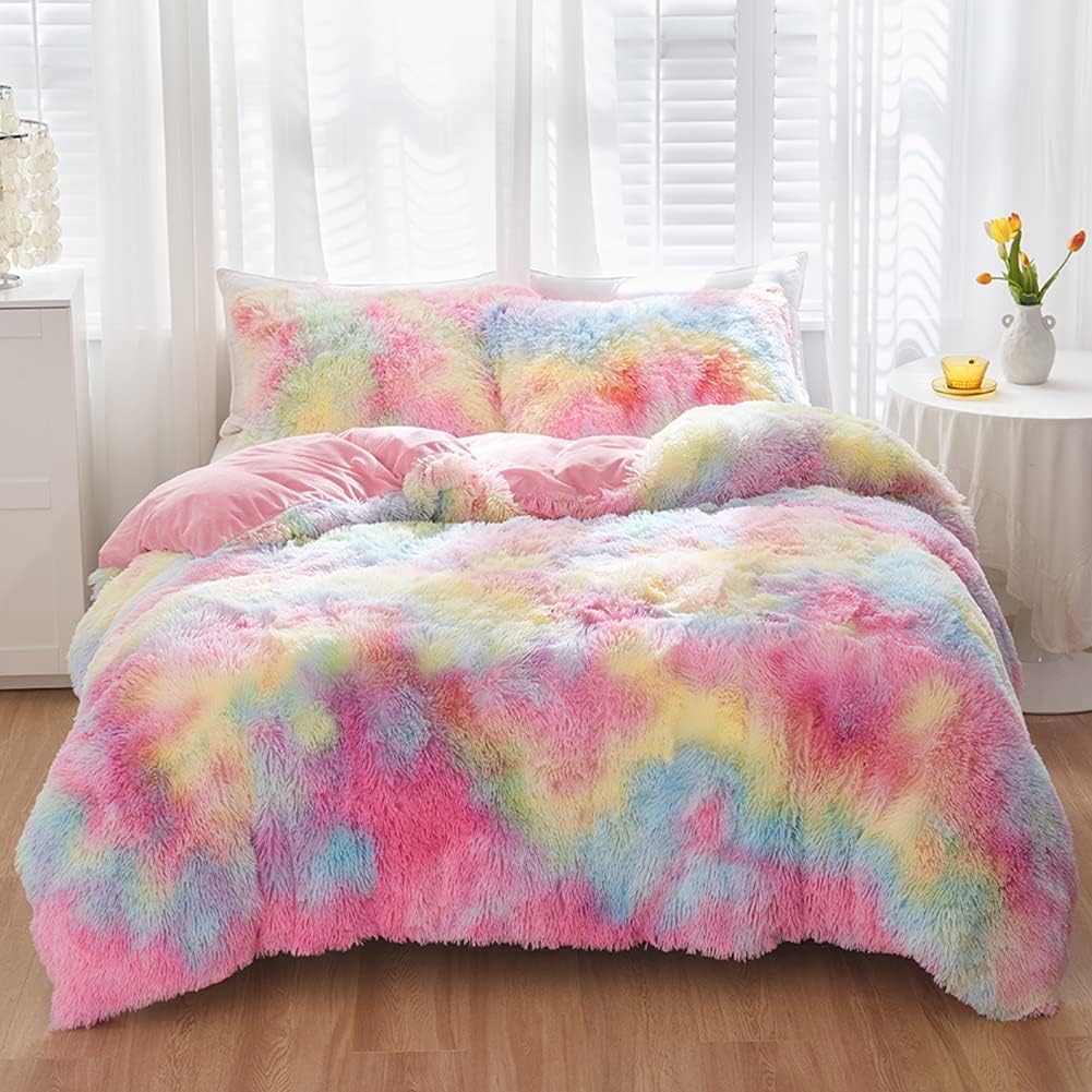 SUCSES Blue Purple Fluffy Twin Bedding Sets for Girls 3Pcs Faux Fur Plush Shaggy Kids Duvet Cover Set Twin Size Tie Dye Velvet Furry Comforter Cover Set - Image 11