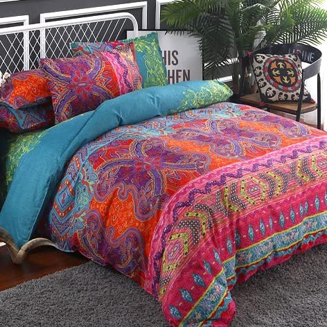 WONGS BEDDING Bohemian Comforter Set Queen, Ultra Soft Microfiber Reversible Boho Alternative Comforter Set - 3 Pieces (1 Solid Comforter + 2 Pillowcases), Bedding Duvet Set for Queen Bed