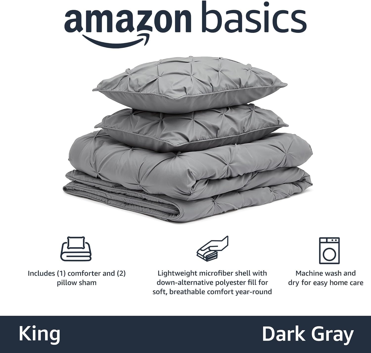 Amazon Basics Soft, Warm Down Alternative Queen Size Comforter Set, All-Season 3-Piece Bedding with Breathable Microfiber, Pinch Pleat Design, Full/Queen, Navy Blue - Image 6