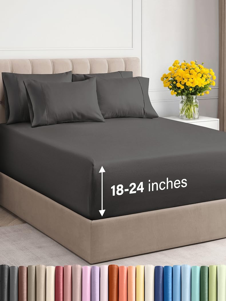 Extra Deep Cal King Sheet Set - 6 Piece Breathable & Cooling Sheets - Hotel Luxury Bed Sheets Set - Easy & Secure Fit - Soft, Wrinkle Free & Comfy Sheets Set - Grey Sheet Set with Extra Deep Pockets - Image 59